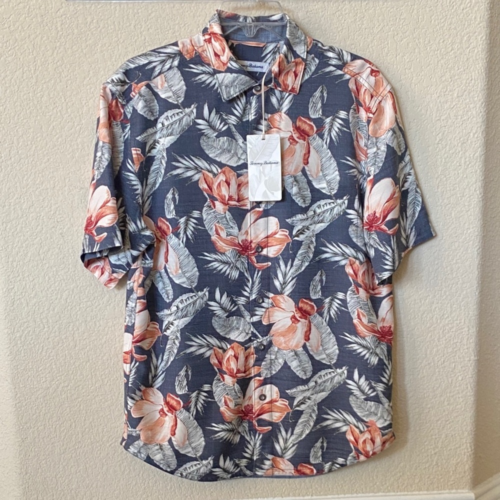 Tommy Bahama Navy Button-Up Shirt with Coral Floral Print Size SP